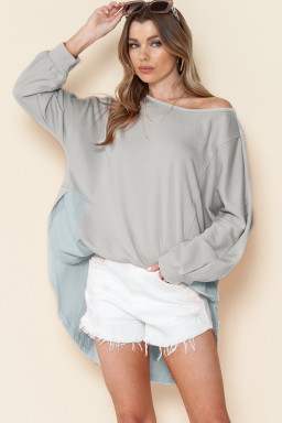 Grey Crinkled Patchwork Raw Hem Oversized Top