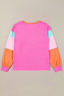 Rose Red Color Block Sleeve Loose Fit Top