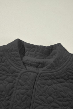 Black Floral Embossed Plain Zip Up Jacket