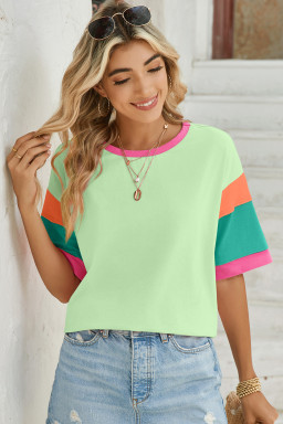 Green Color Block Sleeve Round Neck Oversize Top