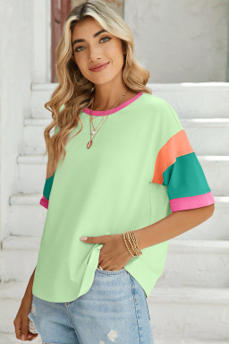 Green Color Block Sleeve Round Neck Oversize Top