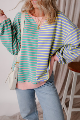 Sky Blue Stripe Colorblock Drop Shoulder Oversize Sweatshirt