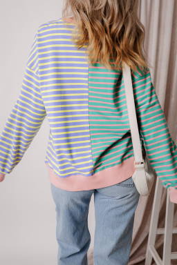 Sky Blue Stripe Colorblock Drop Shoulder Oversize Sweatshirt