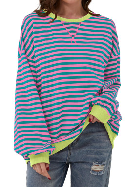 Green Stripe Contrast Edge Cross Seam Oversized Sweatshirt