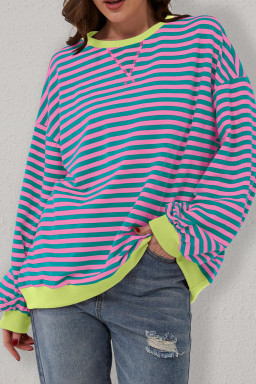 Green Stripe Contrast Edge Cross Seam Oversized Sweatshirt