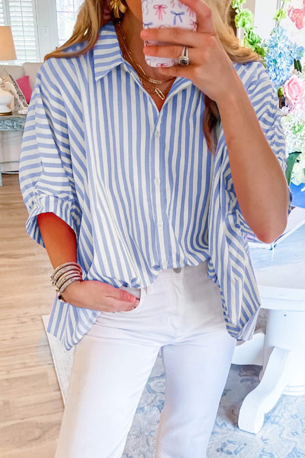 Pre-Order Sky Blue Stripe Dolman Sleeve Polo Shirt and Drawstring Shorts Set
