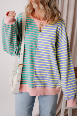 Sky Blue Stripe Colorblock Drop Shoulder Oversize Sweatshirt