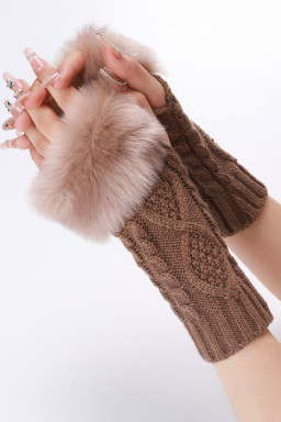 Camel Faux Fur Detail Fingerless Knit Gloves