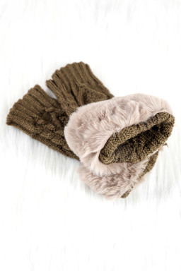 Camel Faux Fur Detail Fingerless Knit Gloves