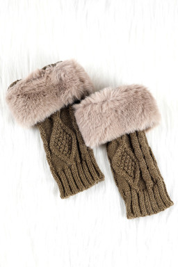 Camel Faux Fur Detail Fingerless Knit Gloves