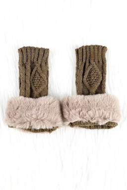 Camel Faux Fur Detail Fingerless Knit Gloves