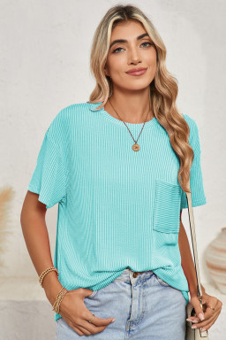 Turquoise Crinkle Rib Knit Pocketed Loose Fit Crew Neck T Shirt