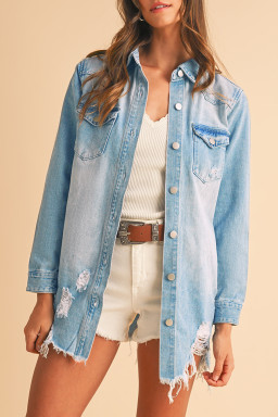 Beau Blue Light Wash Distressed Frayed Long Denim Shacket