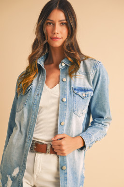 Beau Blue Light Wash Distressed Frayed Long Denim Shacket