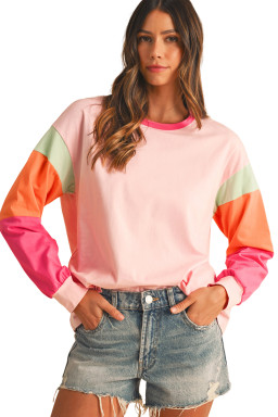 Pink Color Block Sleeve Loose Fit Top