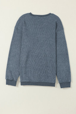 Blue Plain Solid Ribbed Knit Round Neck Pullover Sweatshirt