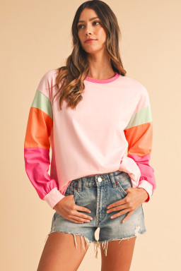 Pink Color Block Sleeve Loose Fit Top