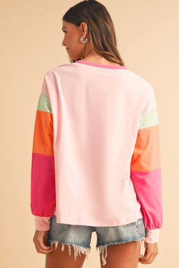 Pink Color Block Sleeve Loose Fit Top