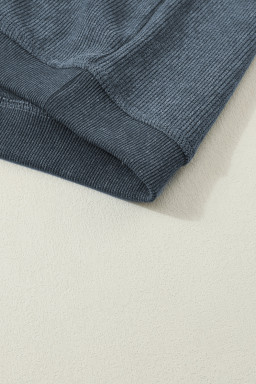 Blue Plain Solid Ribbed Knit Round Neck Pullover Sweatshirt