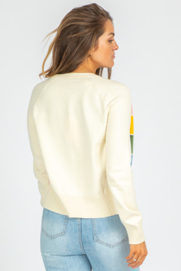 White Striped Colorblock Button Front Knit Cardigan