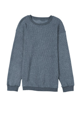 Blue Plain Solid Ribbed Knit Round Neck Pullover Sweatshirt