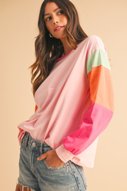 Pink Color Block Sleeve Loose Fit Top