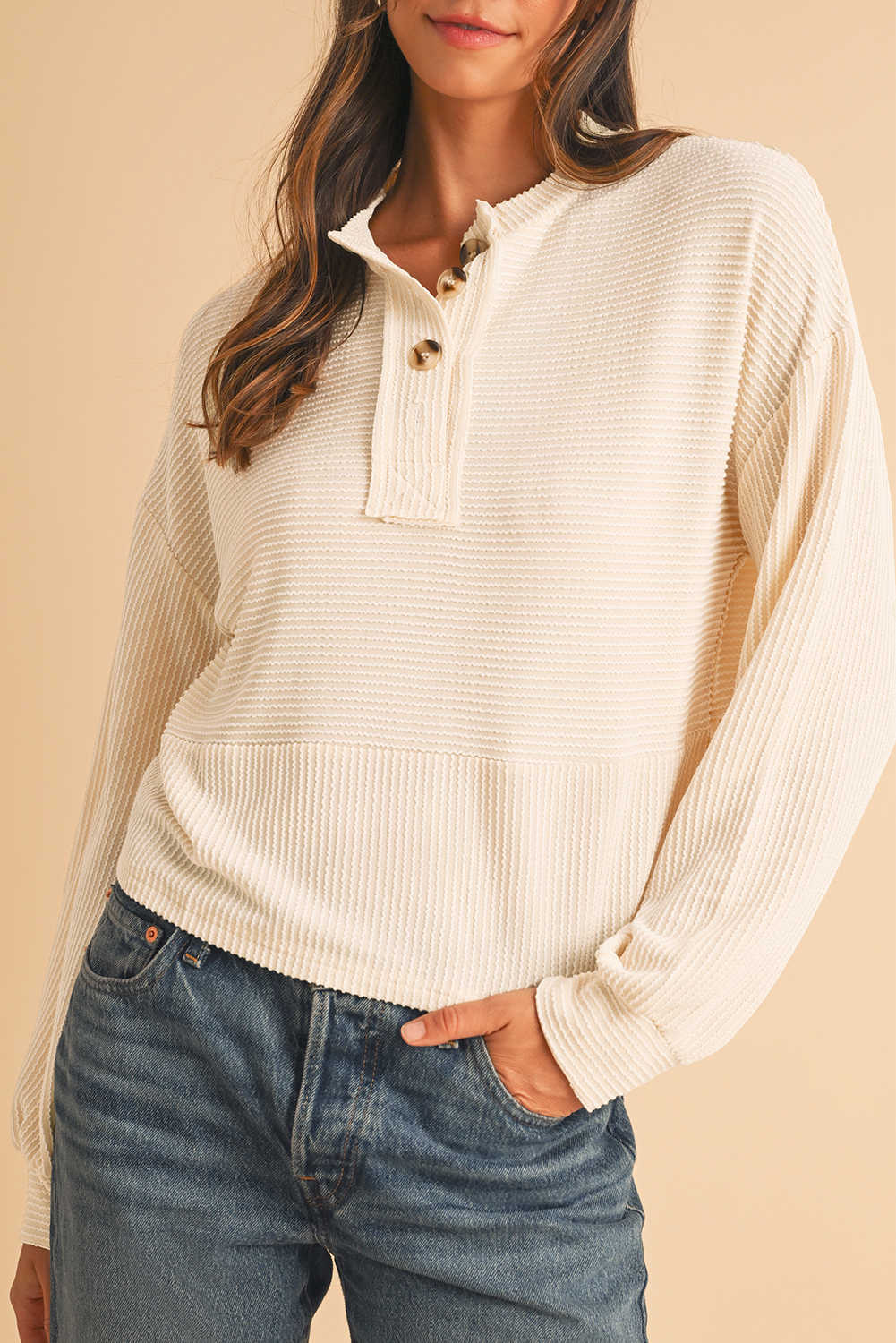 Apricot Textured Lantern Sleeve Henley Top