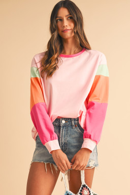 Pink Color Block Sleeve Loose Fit Top