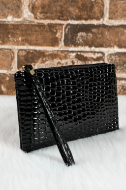 Black Crocodile Pattern PU Zipper Wristlet Clutch