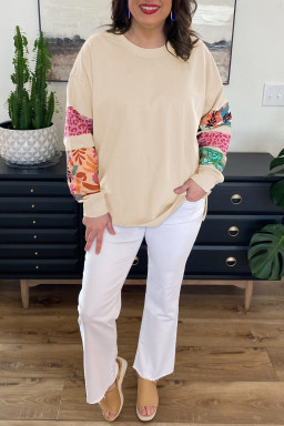Beige Leopard Patchwork Sleeve Split Plus Size Sweatshirt