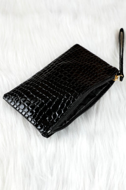 Black Crocodile Pattern PU Zipper Wristlet Clutch