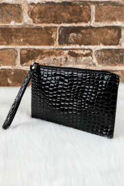 Black Crocodile Pattern PU Zipper Wristlet Clutch