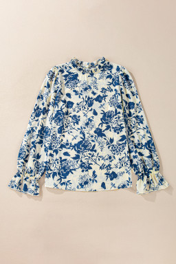 Sky Blue Floral Print Flounce Sleeve Keyhole Back Blouse