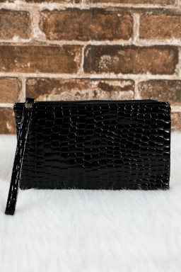 Black Crocodile Pattern PU Zipper Wristlet Clutch