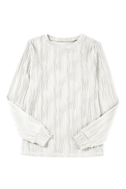White Wavy Textured Solid Color Drop Shoulder Pullover Top