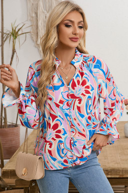 Pink Abstract Print Tie Frill Neck Long Sleeve Shirt