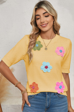 Yellow Cream Cute Flower Pattern Knitted Top
