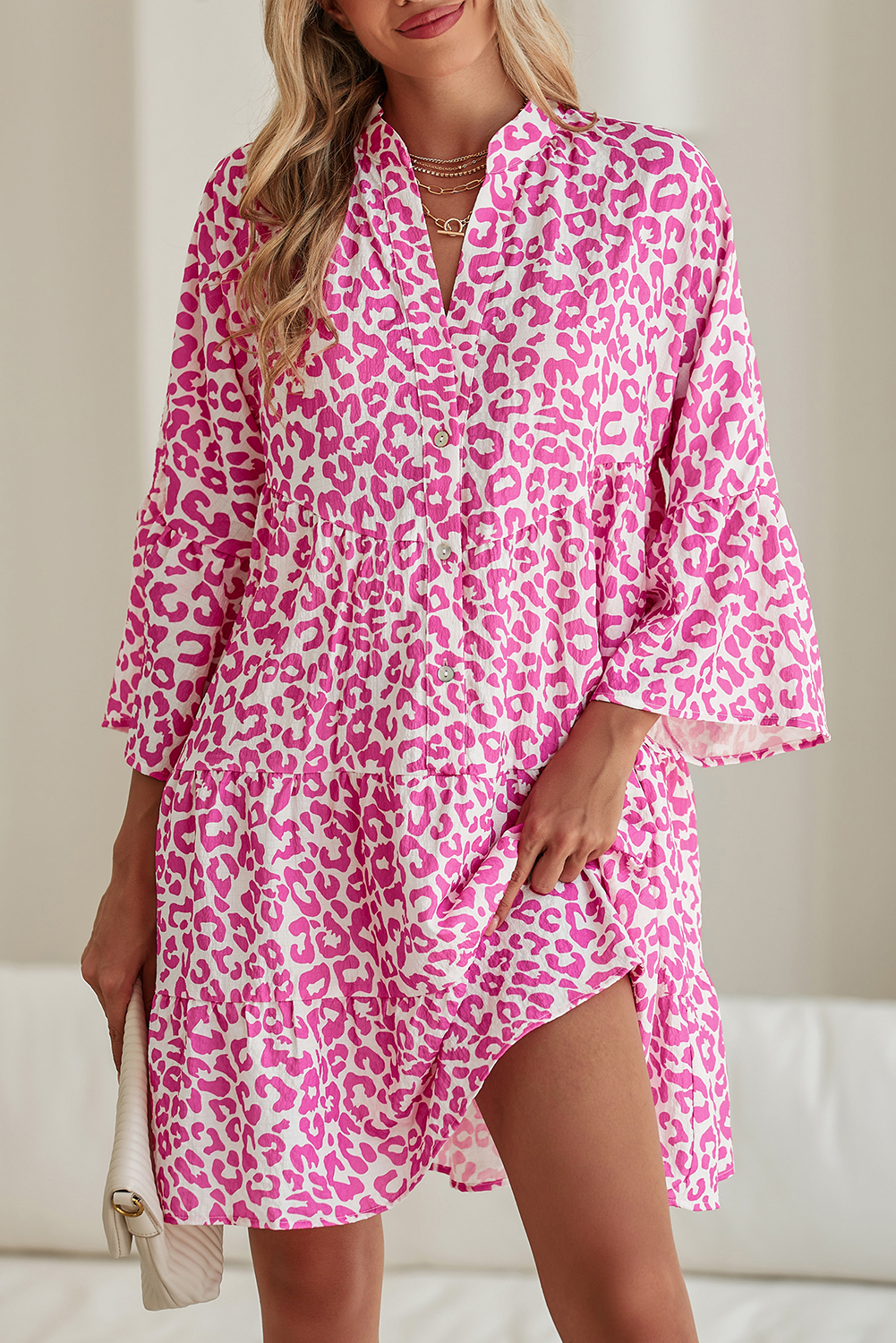 Floral Leopard Print Slit Sleeve Mini Dress main image 1