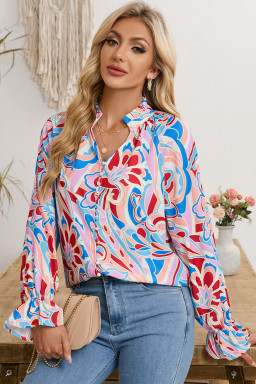 Pink Abstract Print Tie Frill Neck Long Sleeve Shirt