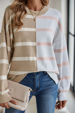Khaki Stripe Exposed Seam Loose Sweater