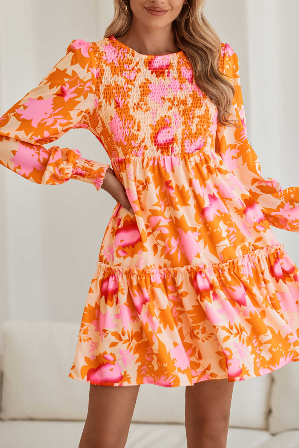Orange Abstract Print Smocked Bust Lantern Sleeve Ruffle Mini Dress