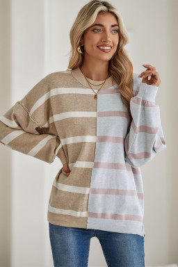 Khaki Stripe Exposed Seam Loose Sweater