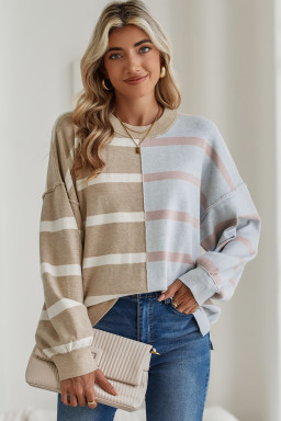 Khaki Stripe Exposed Seam Loose Sweater