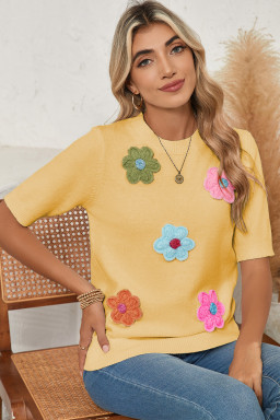 Yellow Cream Cute Flower Pattern Knitted Top