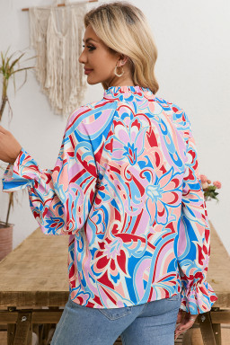Pink Abstract Print Tie Frill Neck Long Sleeve Shirt