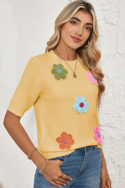 Yellow Cream Cute Flower Pattern Knitted Top