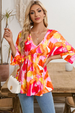Orange Abstract Print 3/4 Sleeve V Neck Ruffled Babydoll Blouse