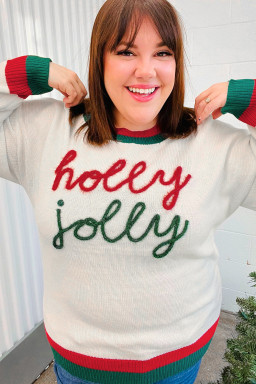 White Holly Jolly Colorblock Trim Drop Shoulder Plus Size Sweater