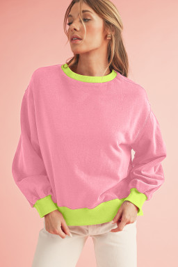 Pink Contrast Trim Bubble Sleeve Sweatshirt