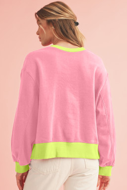 Pink Contrast Trim Bubble Sleeve Sweatshirt